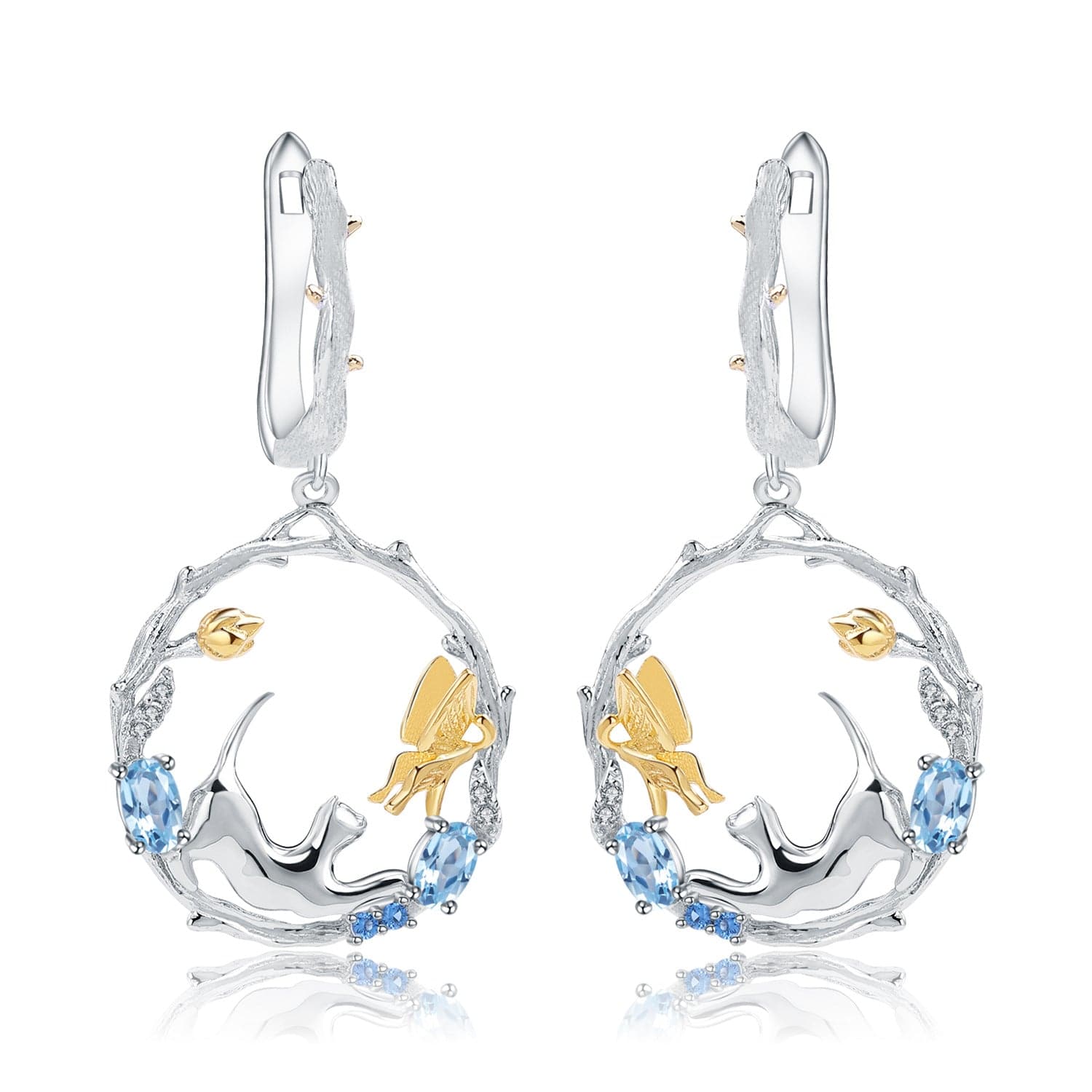 Cute Cat Swiss Blue Topaz Earrings