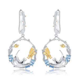 Cute Cat Swiss Blue Topaz Earrings